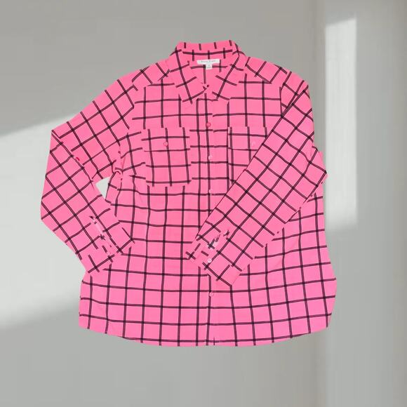 Studio Works Blouse – Pink/Black Grid Print Button-Up (XL) - Picture 2 of 7